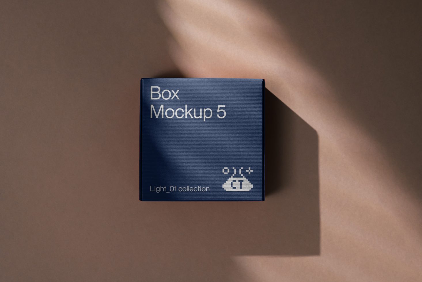 Navy blue box mockup with stylish texture on a brown backdrop, showcasing shadows, suitable for packaging design presentations.